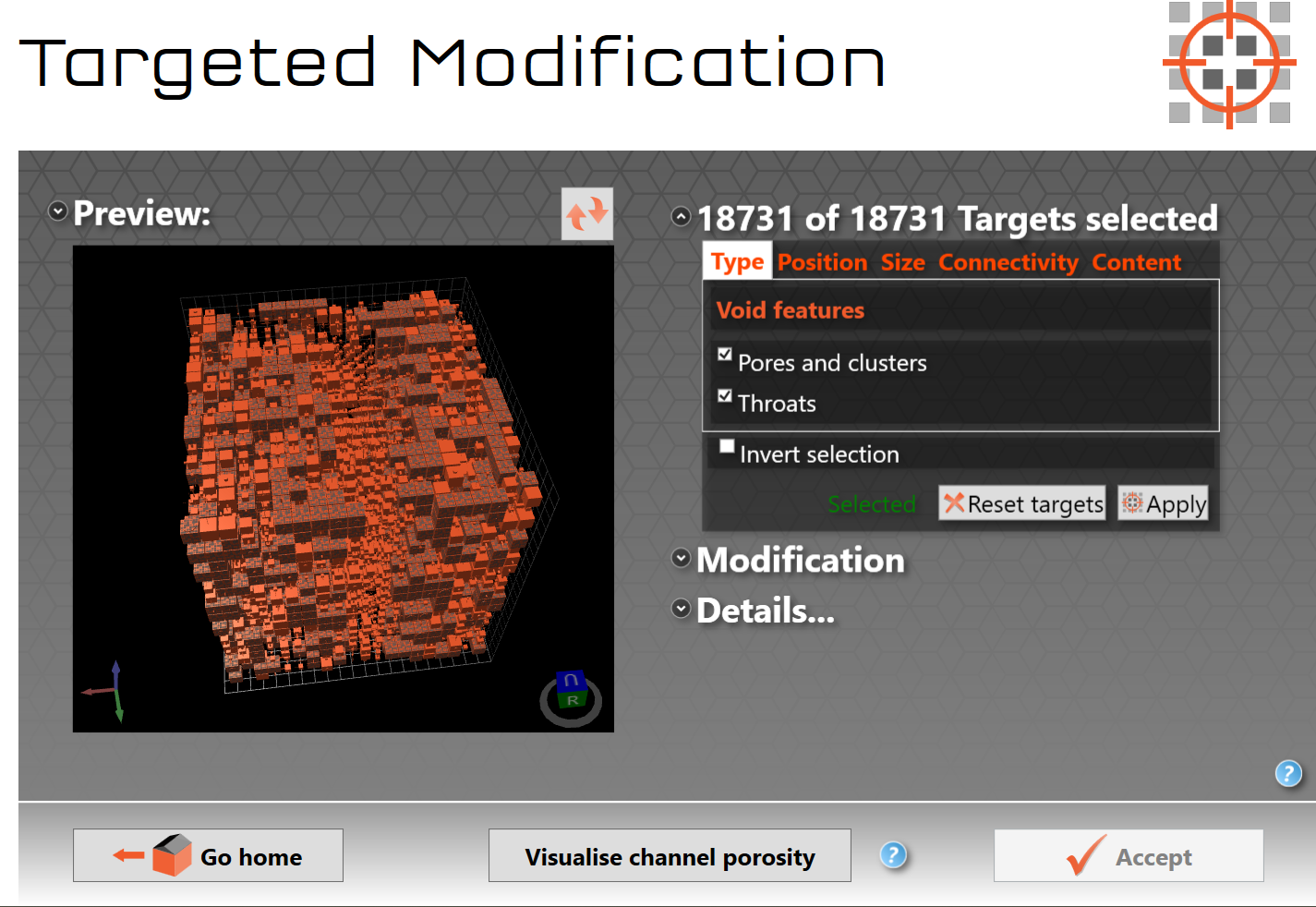 Figure CPV 4. Targeted modification after features have been selected, showing Visualise channel porosity button Figure CPV 4. Targeted modification after features have been selected, showing Visualise channel porosity button