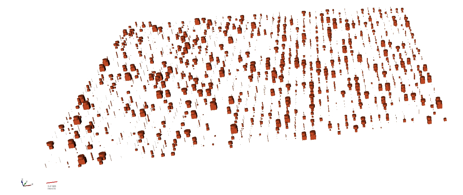 Visualisation of surface-connected throats and their adjoining pores ( - i.e the default Approximation level 2)  for the calcium carbonate paper coating example.